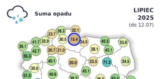 Suma opadów deszczu do 12 lipca włącznie