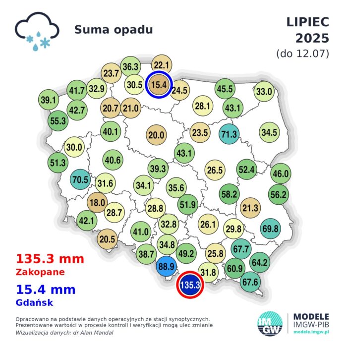 Suma opadów deszczu do 12 lipca włącznie