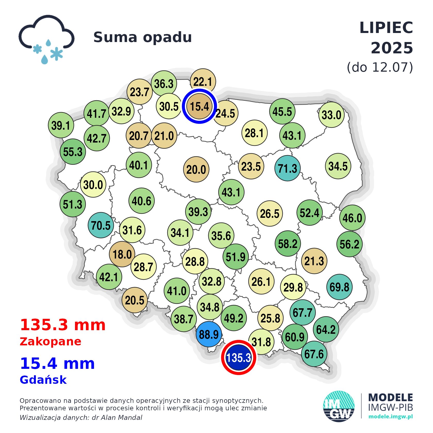 135 mm w Zakopanem i 95 mm w Rawie Mazowieckiej. Przegląd sum opadów do 12 lipca na terenie Polski 1 Suma opadów deszczu do 12 lipca włącznie
