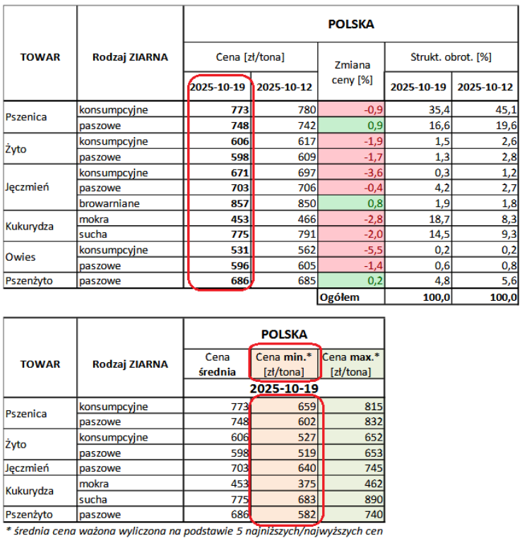 Ceny zbóż w skupie spadły w III tygodniu października – MRiRW
