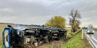 DK 48: Ciężarówka z drobiem w rowie!