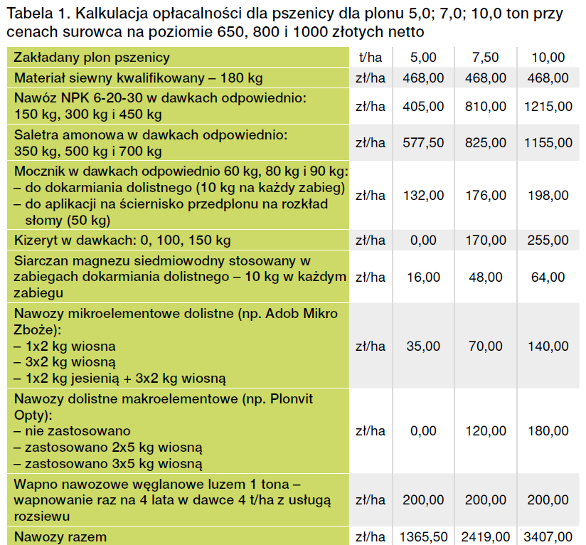 Kalkulacja uprawy pszenicy
