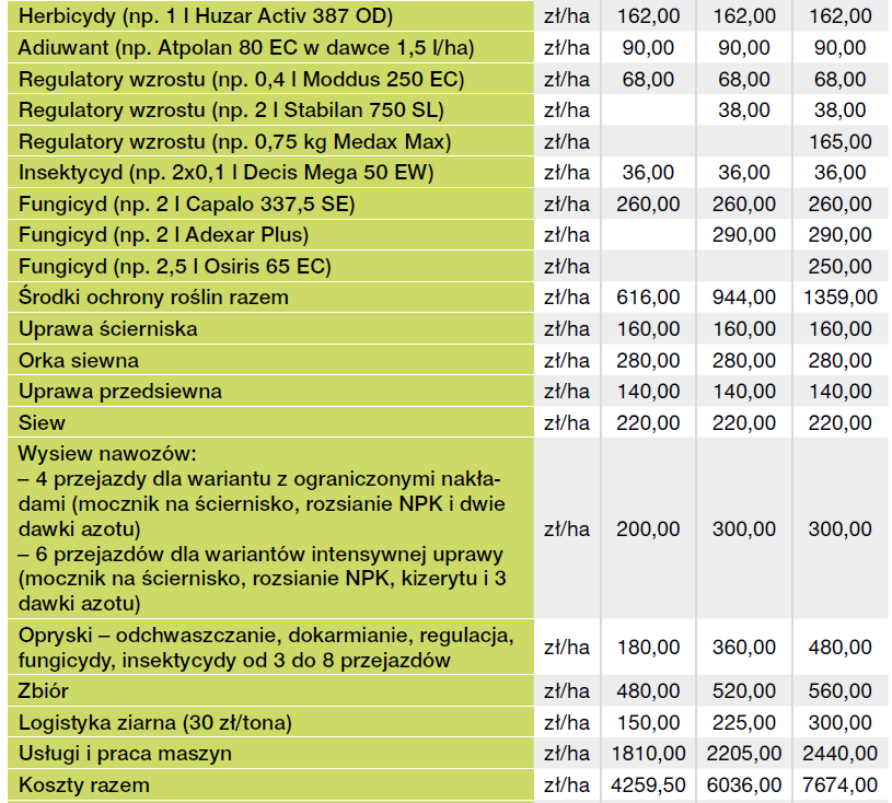 Kalkulacja uprawy pszenicy