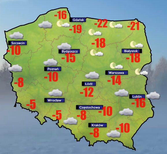 Pogoda- do -22 stopni w Giżycku a przy gruncie do -26 stopni