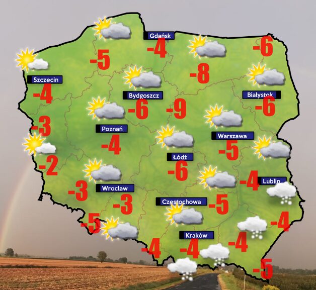 Pogoda 7 stycznia- od -20 do -2 stopni Celsjusza