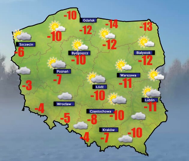 Pogoda- do -22 stopni w Giżycku a przy gruncie do -26 stopni 2