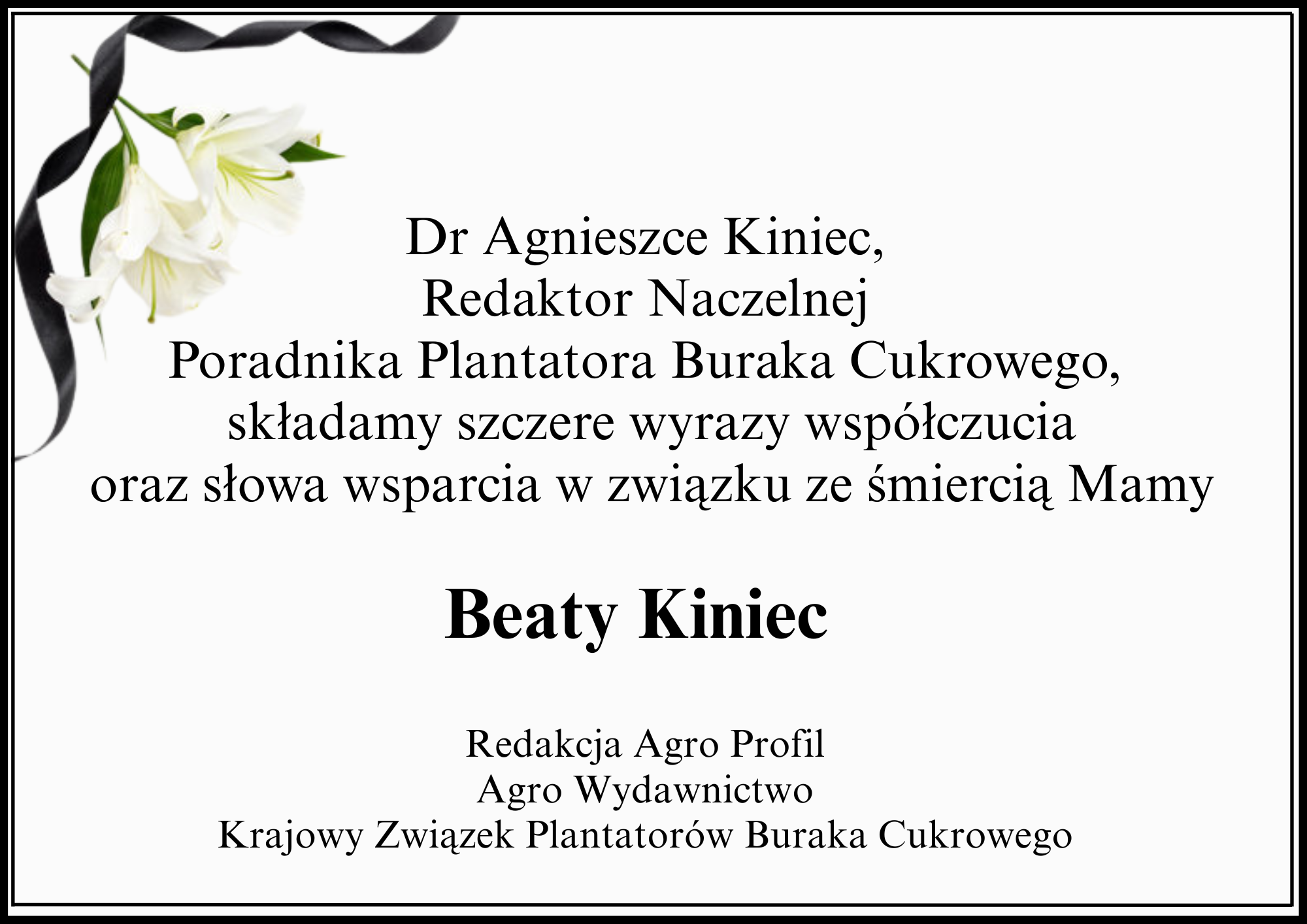 Wyrazy współczucia dla dr Agnieszki Kiniec z powodu śmierci mamy