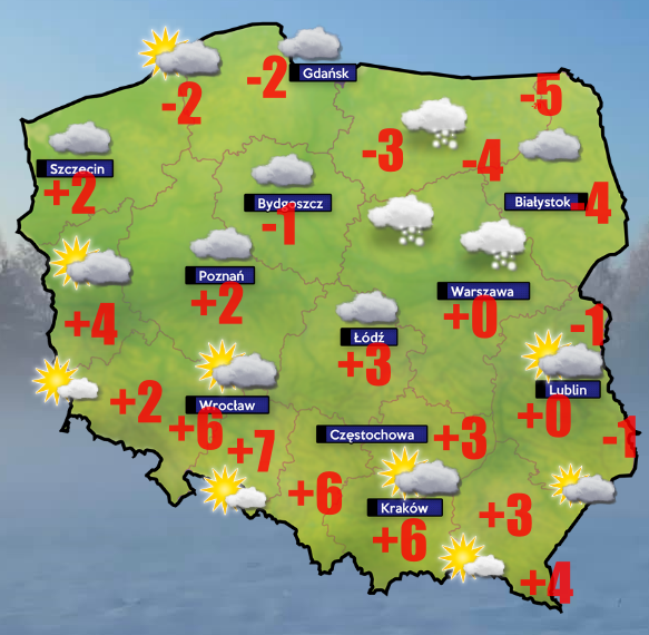 Pogoda -od -18 w Wiżajnach do +8 w Nysie