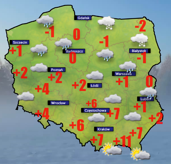 Pogoda 6 luty- od -5 w Sejnach do +11 w Gorlicach. Uwaga na mgły