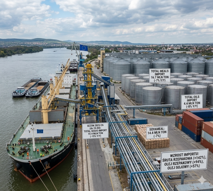 Infografika przedstawiająca terminal portowy z danymi o imporcie nasion oleistych do UE: spadek o 10% całkowitego wolumenu i wzrost importu śruty rzepakowej o 142%.