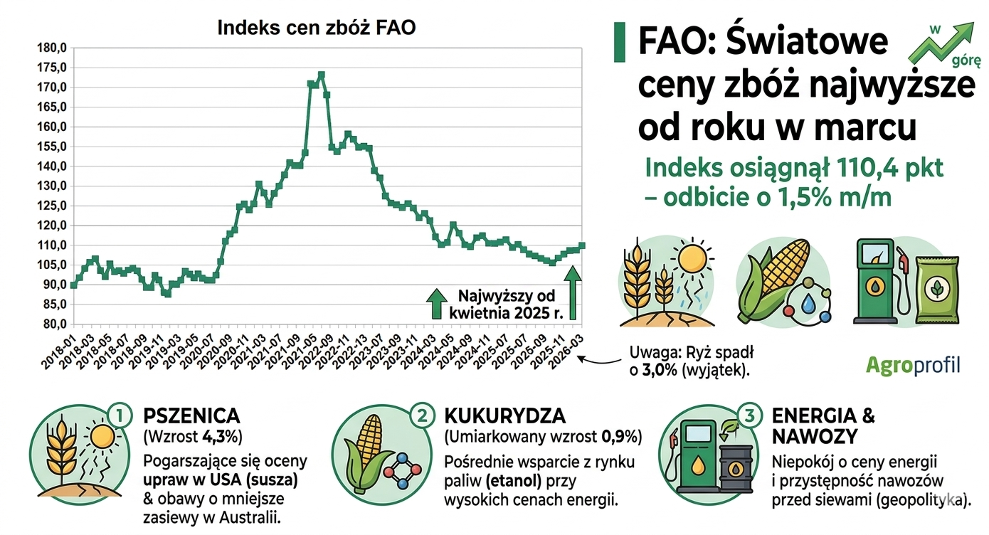 FAO: Światowe ceny zbóż najwyższe od roku w marcu