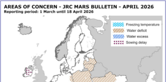 Mapa Europy JRC MARS przedstawiająca obszary zagrożone suszą, przymrozkami i nadmiarem wody w kwietniu 2026 roku.