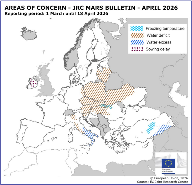 Mapa Europy JRC MARS przedstawiająca obszary zagrożone suszą, przymrozkami i nadmiarem wody w kwietniu 2026 roku.