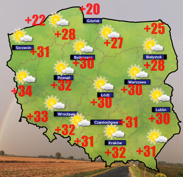 Pogoda 26 czerwca- od +12 do +34 stopni Celsjusza
