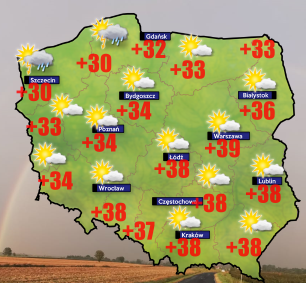 Upał do +39 stopni oraz lokalne nawałnice