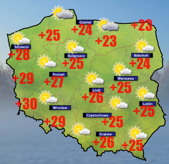 Pogoda 9 sierpnia- od +7 do +30 stopni Celsjusza