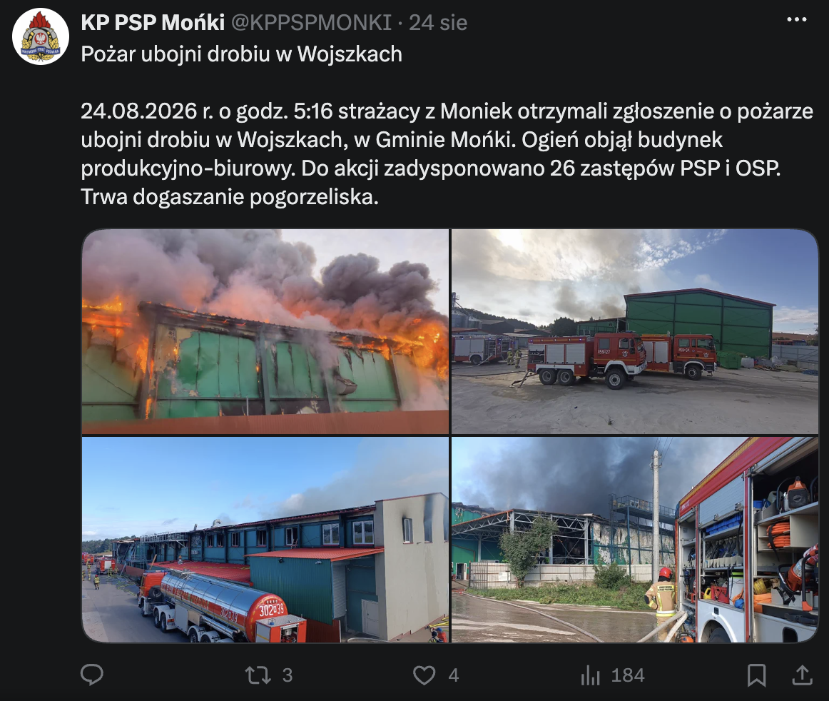 Potężny pożar ubojni drobiu na Podlasiu. Zawalił się dach, w akcji 30 zastępów straży