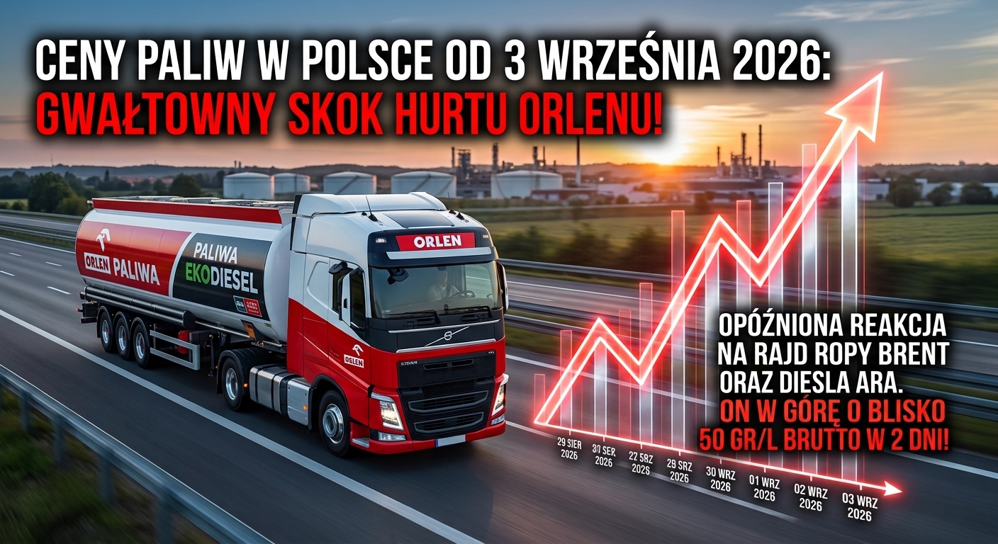 Ceny paliw od 3 września 2026: Orlen podniósł cenę ON o blisko 50 gr/l brutto w dwa dni. To opóźniona reakcja na rajd ropy i diesla ARA [Raport]