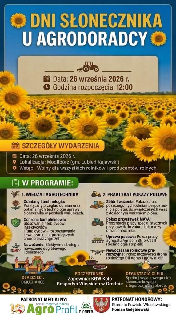 Dni Słonecznika u AgroDoradcy już 26 września. Zbiór na żywo, dron i pokaz maszyn 1 Dni Słonecznika u AgroDoradcy 2026