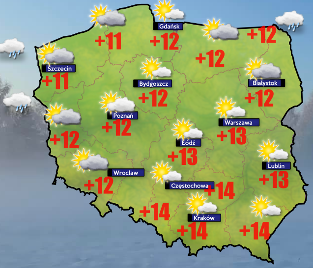 Od -2 do +15 stopni Celsjusza. Pogoda dla 23 października