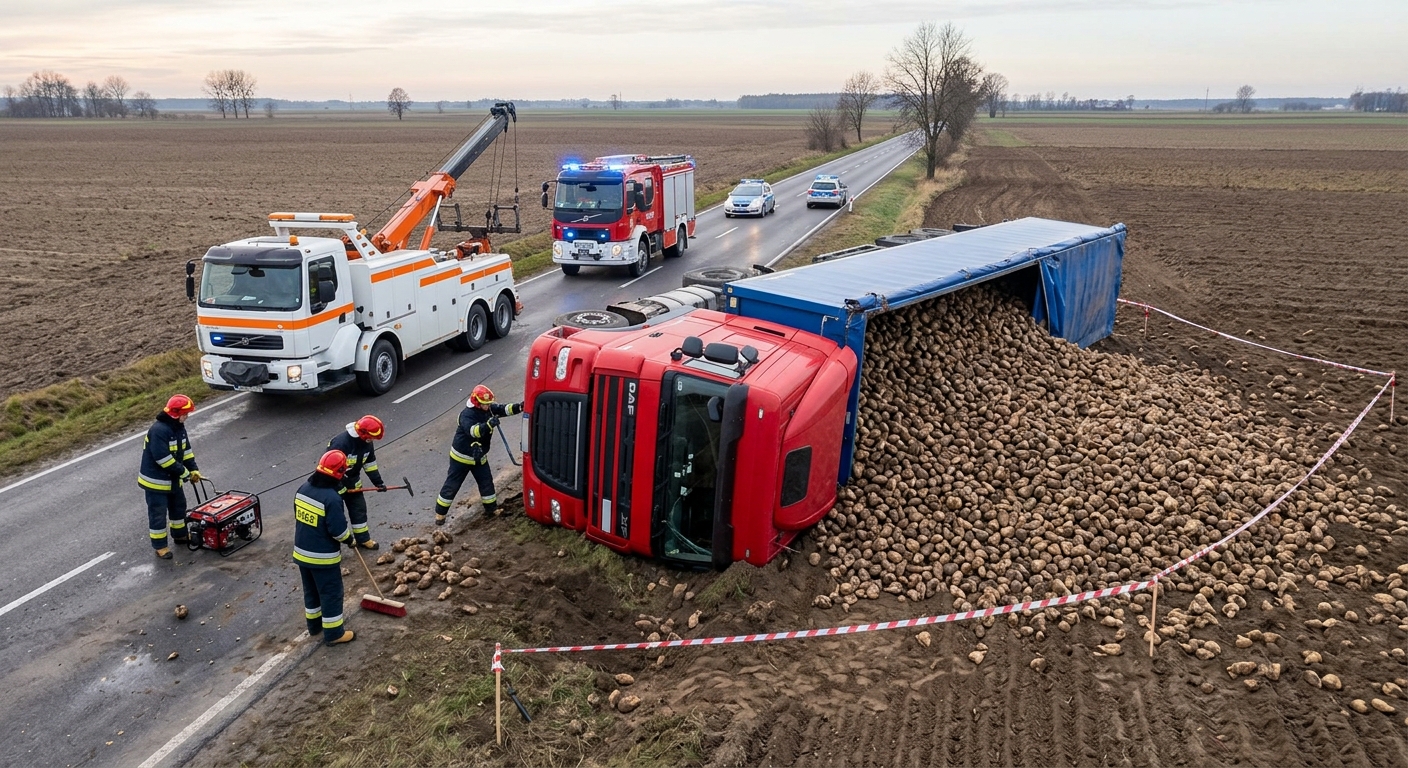 Buraki na drodze w Gorzkowie-Osadzie. Ciężarówka przewróciła się na bok