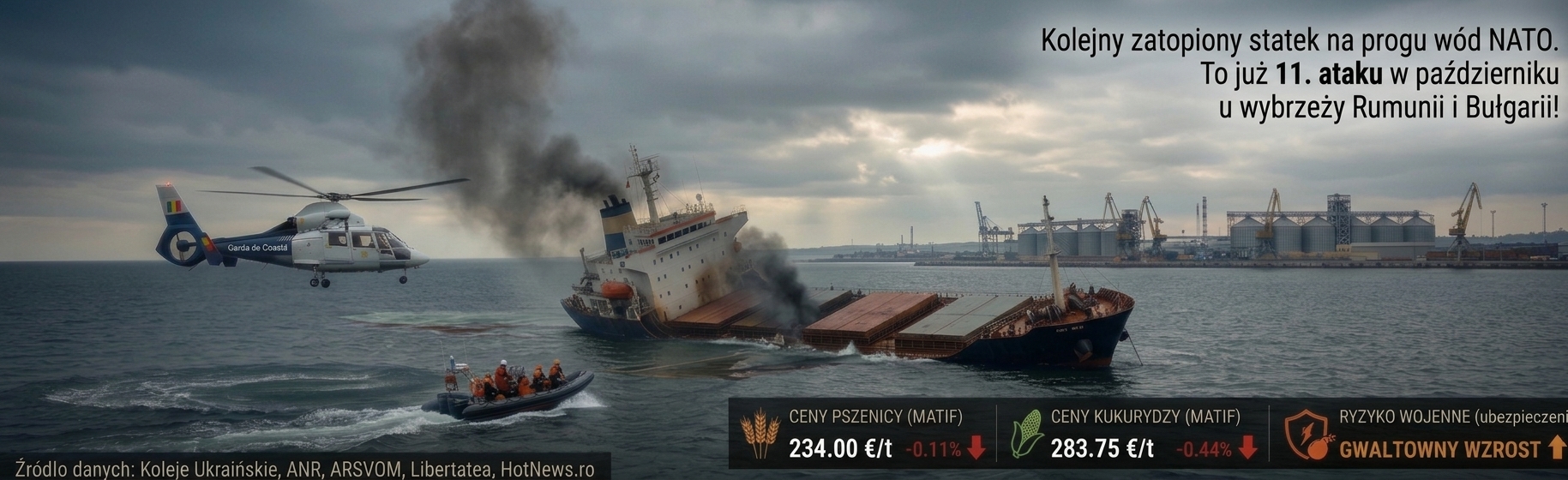Rosja zatopiła w piątek kolejny statek handlowy u wybrzeży Rumunii. Jak reagują na to ceny zbóż?