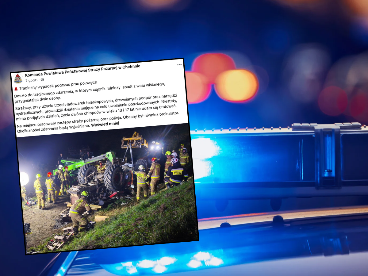 Tragedia przy pracach polowych: ciągnik zsunął się z wału, zginęli 13- i 17-latek